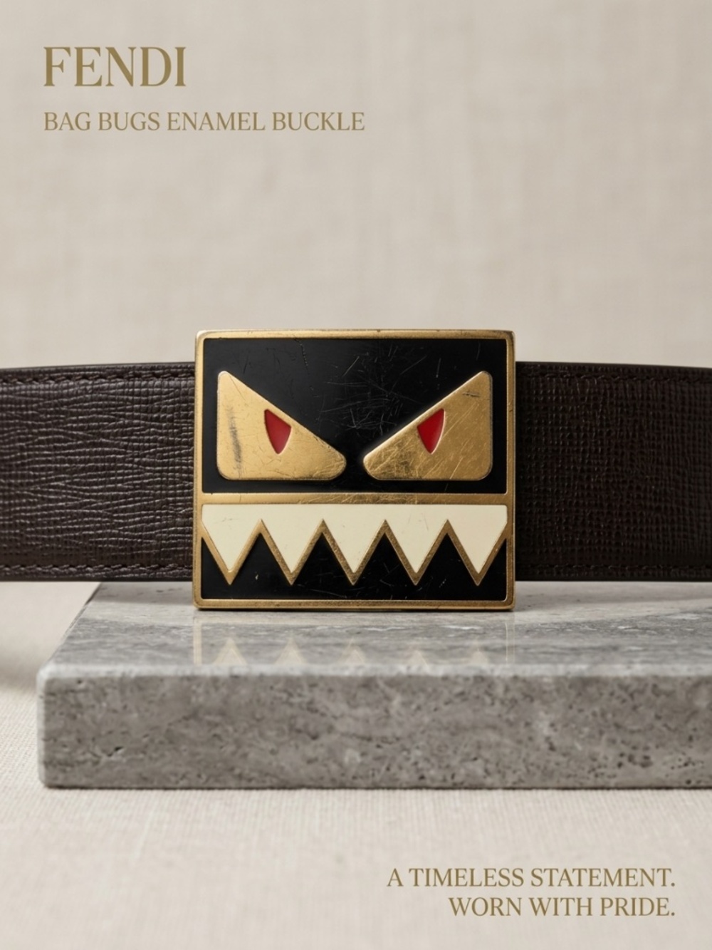 Fendi Monster Eyes Bag Bugs Leather Belt Gold Buckle - Size 85 / 34